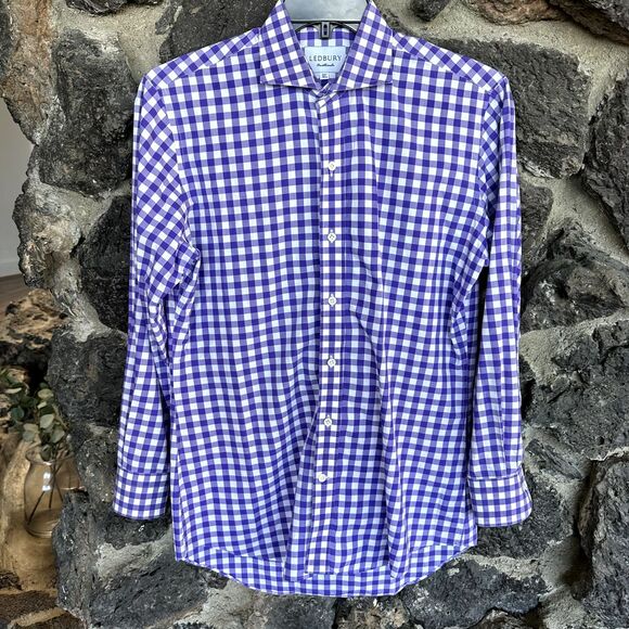 Ledbury Mens Purple Gingham Check Button Up Long Sleeve Medium 15 1/2 - Picture 1 of 8